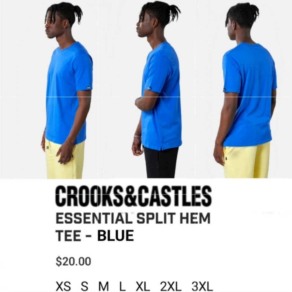 Crooks & Castles Essential Split Hem Tee. Royal Blue various sizes from xs to 4x